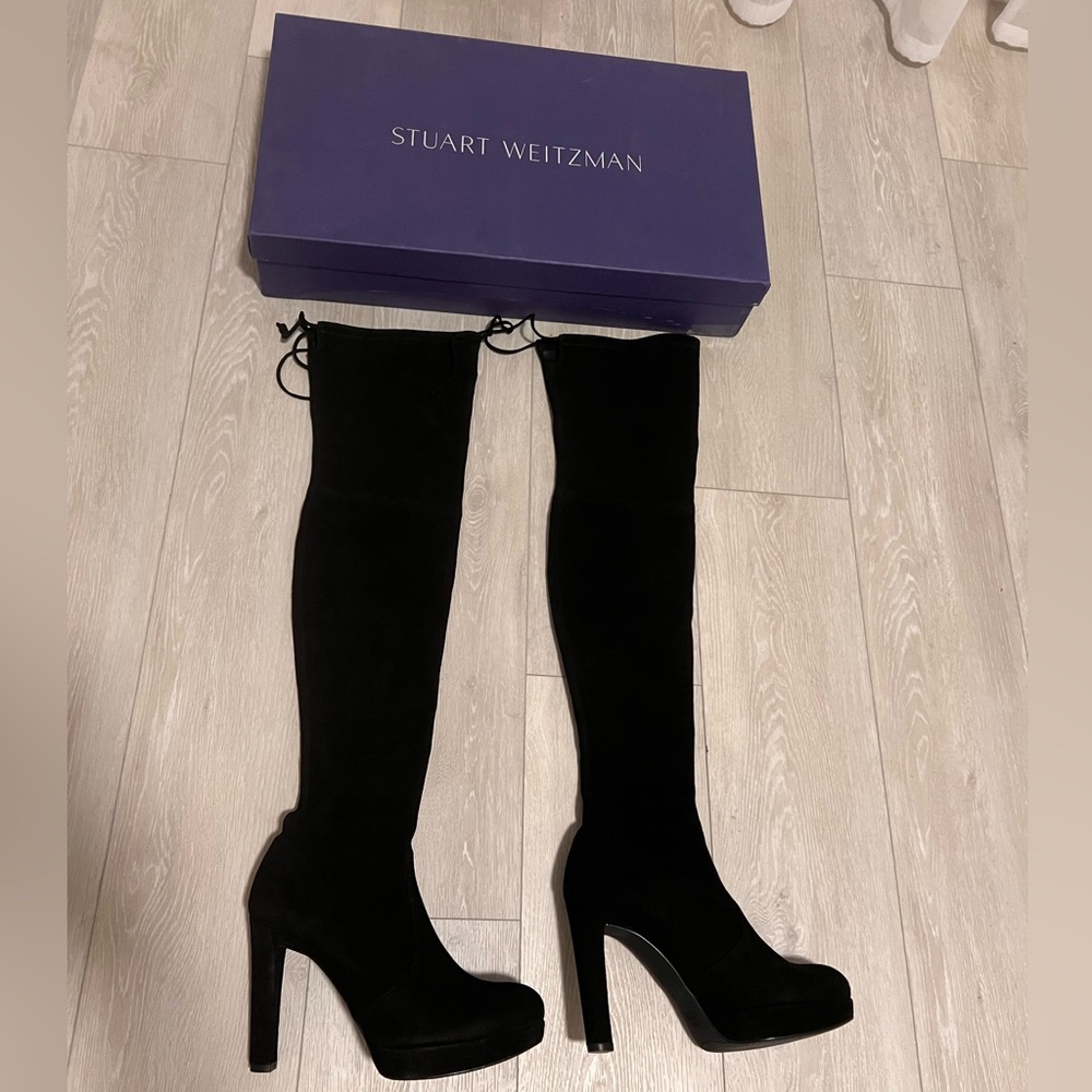 Stuart Weitzman Plathighland black suede thigh high boots size 9.5